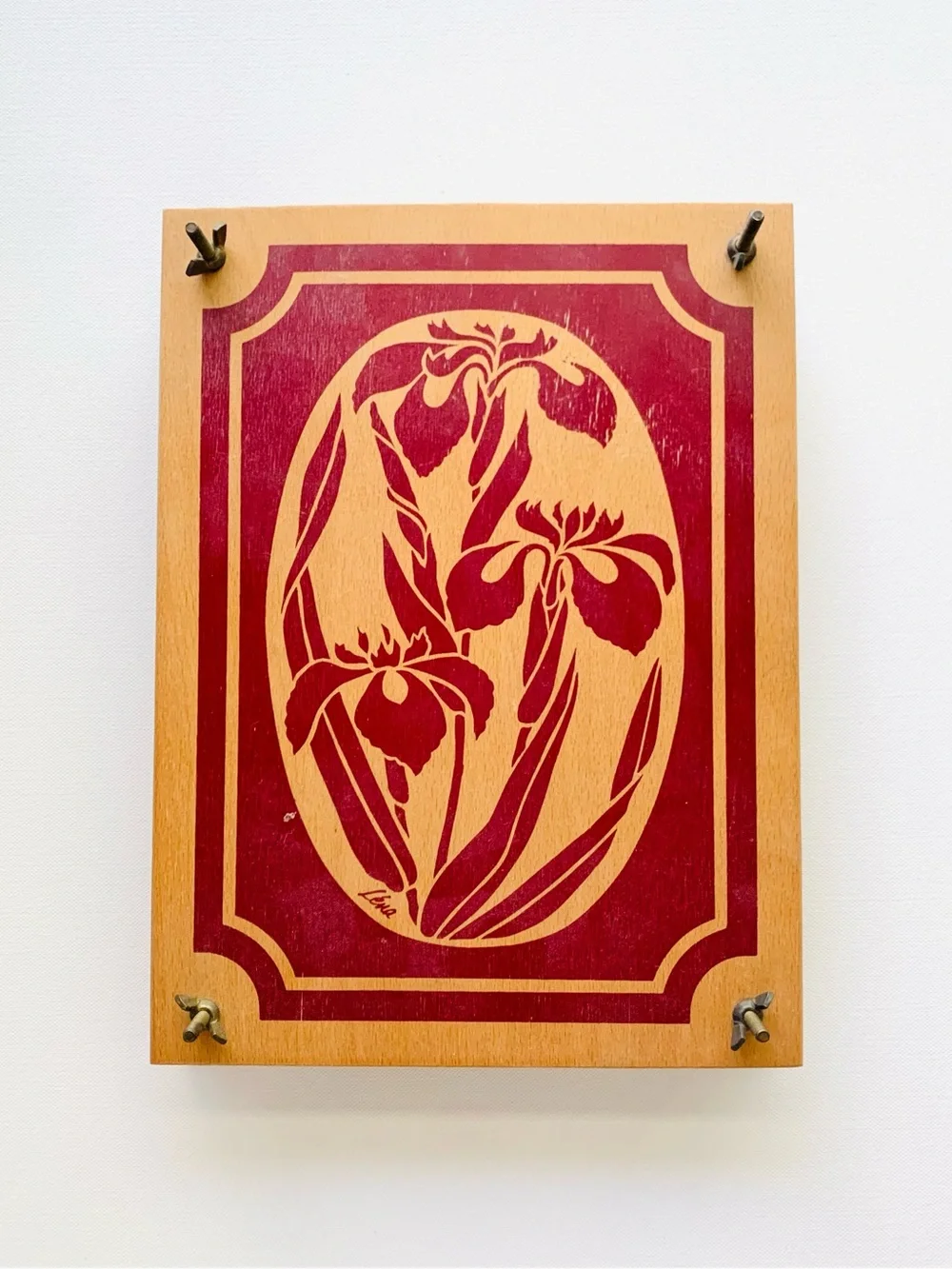 RARE VINTAGE Lena Red Floral Orchid Print on Wood Plant Press